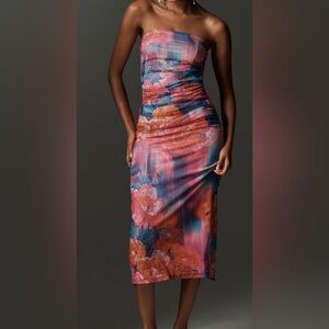 NWT Anthropologie Strapless Ruched Mesh Dress